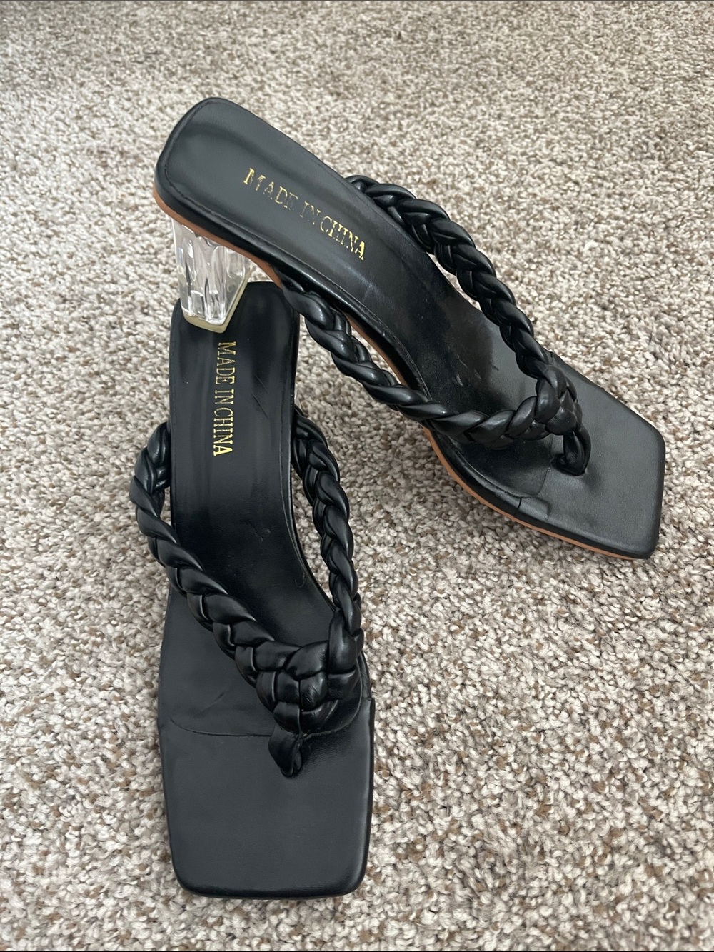 Black Braided Square-Toe Heeled Sandals